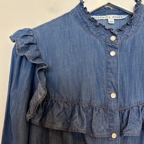 Veronica Beard Tes Chambray Button Down Top Denim Jean Blue Ruffle Western 4 - Picture 6 of 9